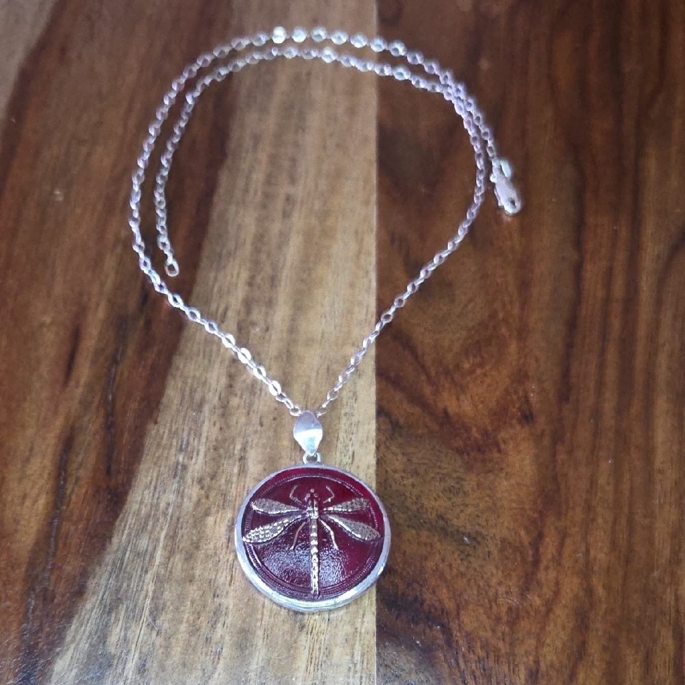 Vintage Silver Dragonfly and Red Czech Glass Button Necklace 18"